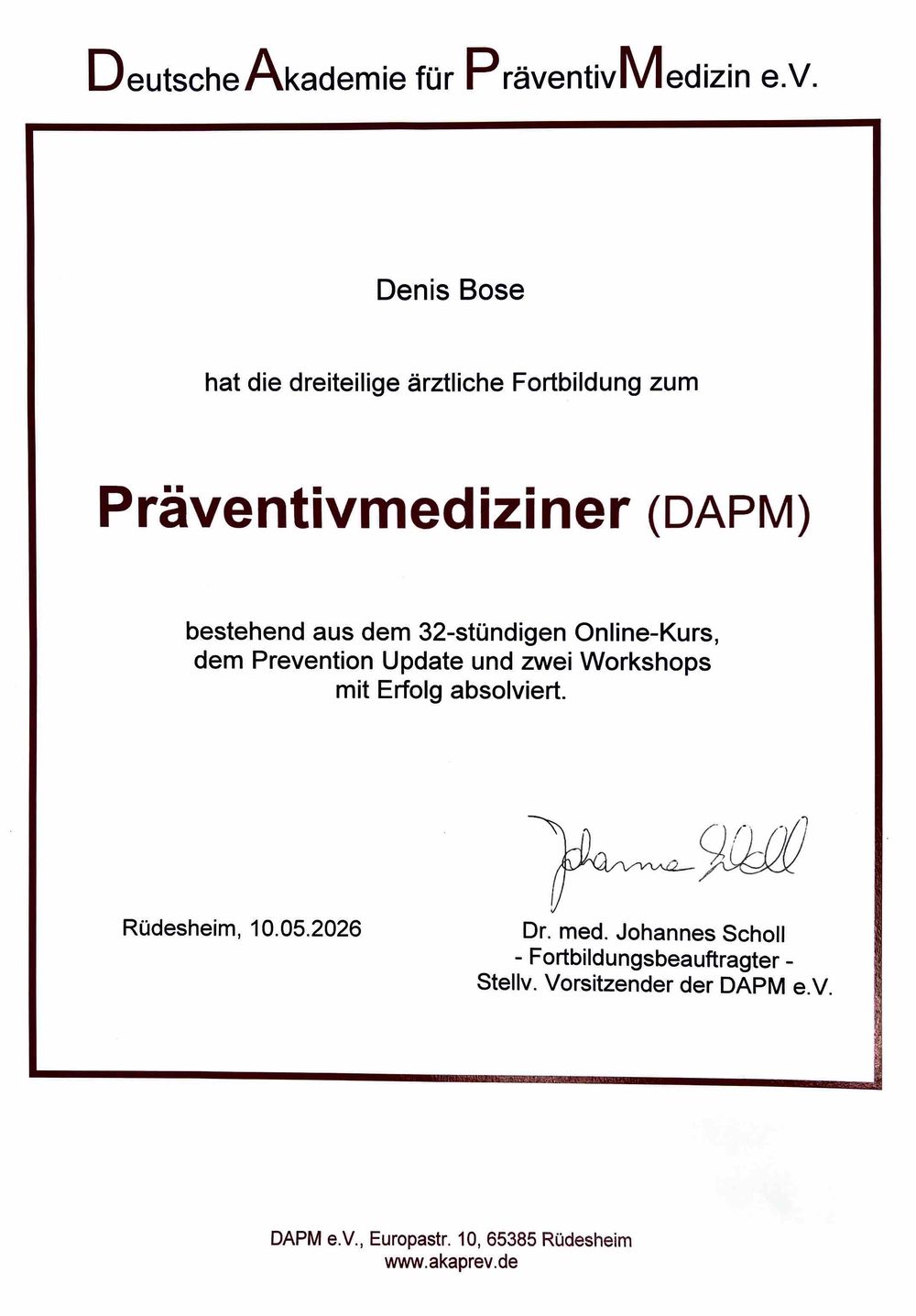 Zertifikat Präventivmediziner (DAPM) – Denis Bose